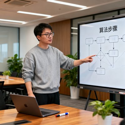 王浩，戴眼镜的男性，穿灰色卫衣，表情认真，在会议室白板前讲解算法的照片
