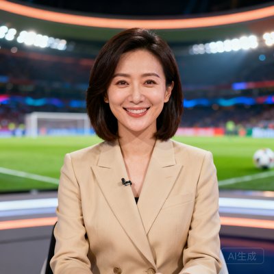 陈静，女性，齐肩短发，穿米色西装，微笑面对镜头，背景是足球赛事直播间的专业照